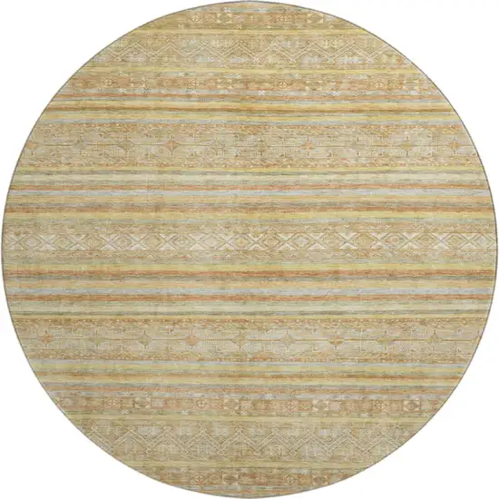 8' Wheat Beige And Gold Striped Washable Round Rug With UV Protection Photo 1