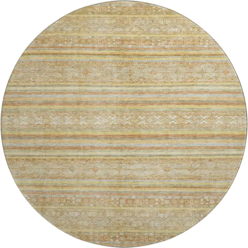8' Wheat Beige And Gold Striped Washable Round Rug With UV Protection Photo 1