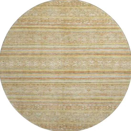 8' Wheat Beige And Gold Striped Washable Round Rug With UV Protection Photo 2