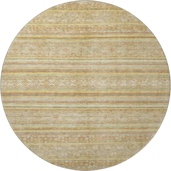 8' Wheat Beige And Gold Striped Washable Round Rug With UV Protection Photo 3