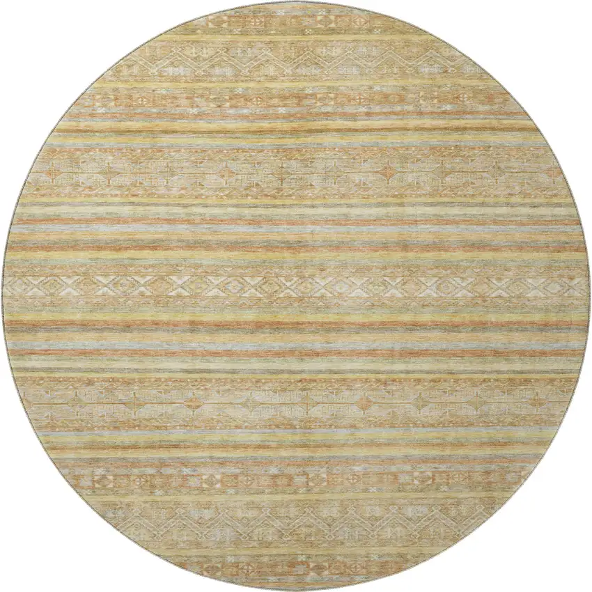 8' Wheat Beige And Gold Striped Washable Round Rug With UV Protection Photo 3