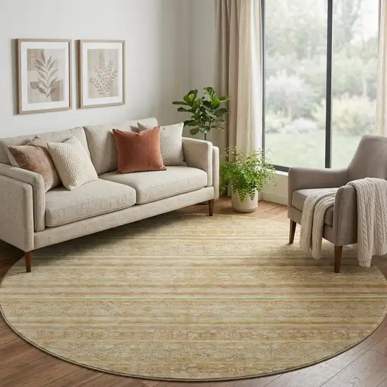 8' Wheat Beige And Gold Striped Washable Round Rug With UV Protection Photo 1