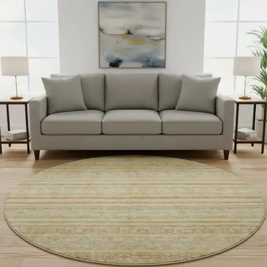 8' Wheat Beige And Gold Striped Washable Round Rug With UV Protection Photo 2