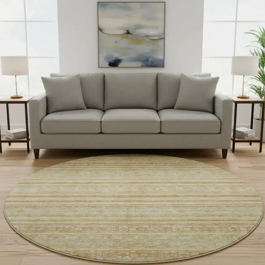 8' Wheat Beige And Gold Striped Washable Round Rug With UV Protection Photo 2