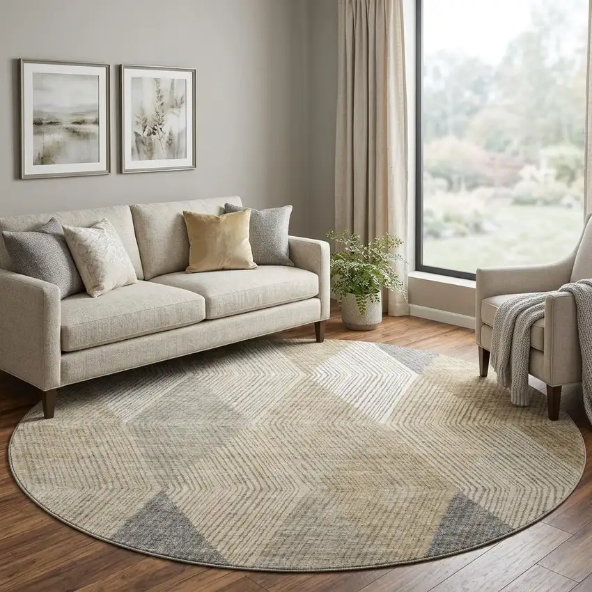 8' Wheat Beige And Gray Geometric Washable Round Rug With UV Protection Photo 1