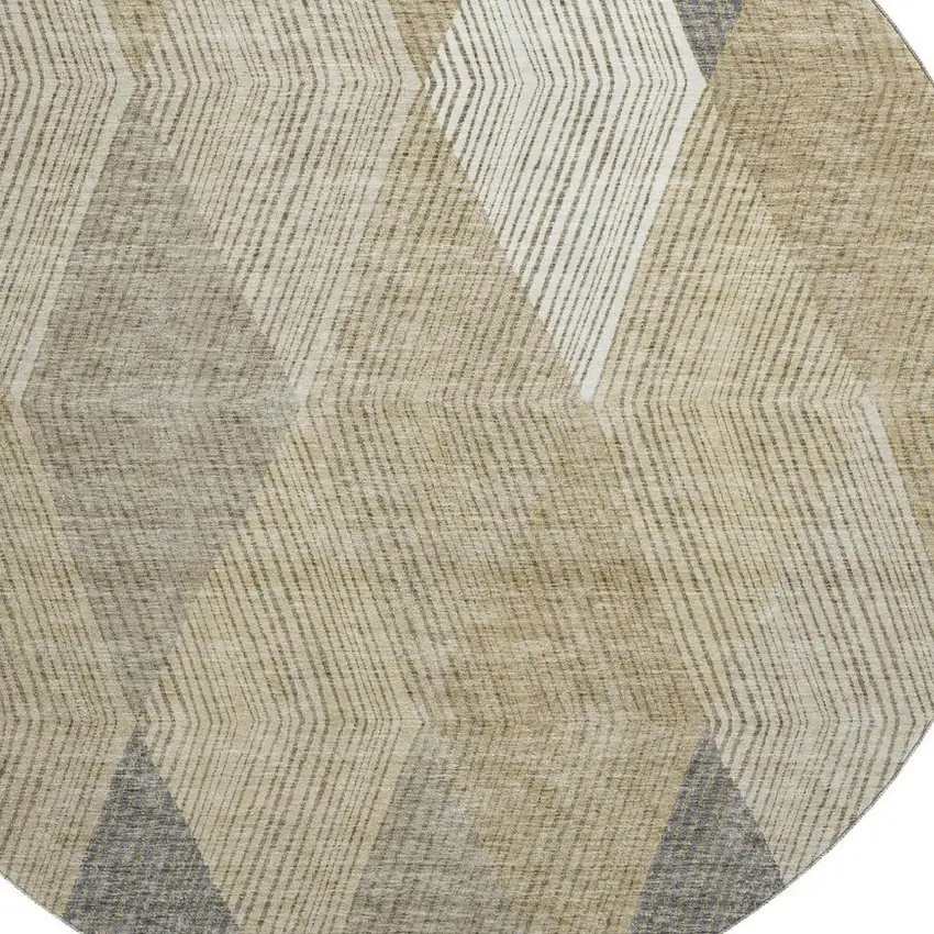 8' Wheat Beige And Gray Geometric Washable Round Rug With UV Protection Photo 2