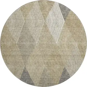 Photo of 8' Wheat Beige And Gray Geometric Washable Round Rug With UV Protection