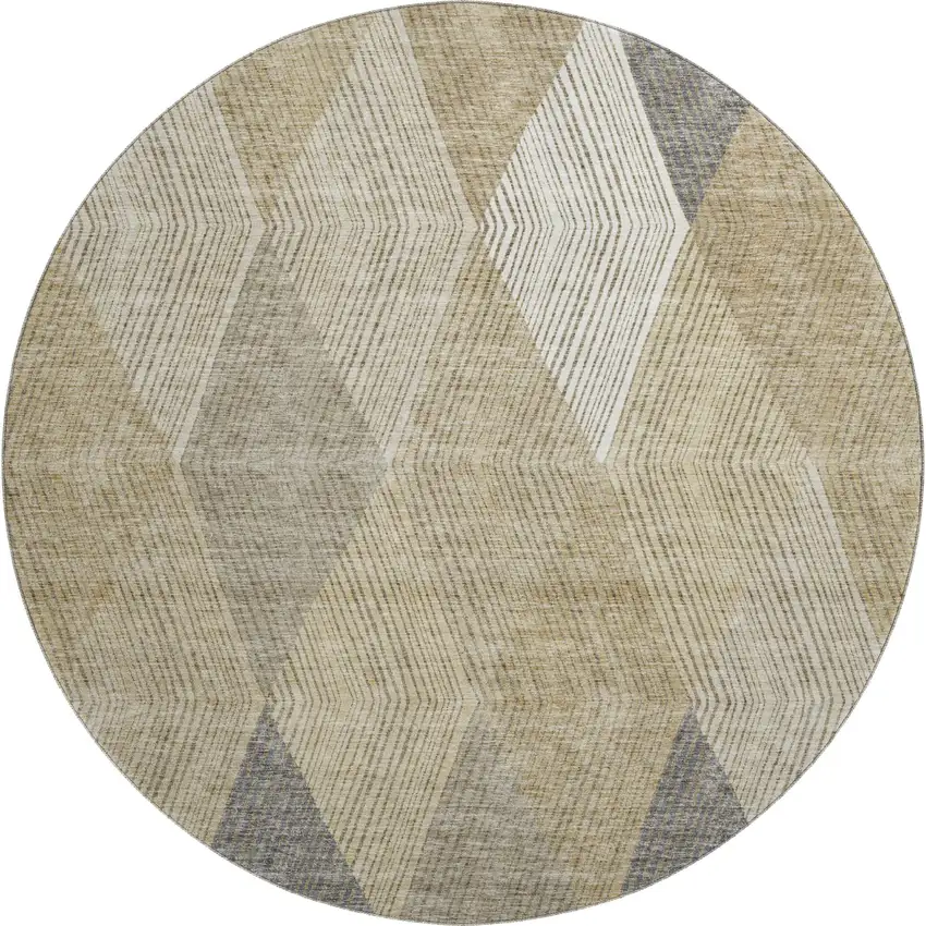 8' Wheat Beige And Gray Geometric Washable Round Rug With UV Protection Photo 1