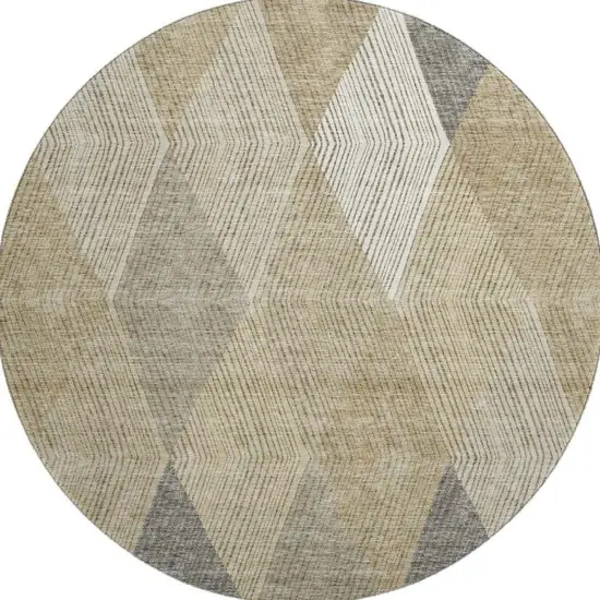 8' Wheat Beige And Gray Geometric Washable Round Rug With UV Protection Photo 3