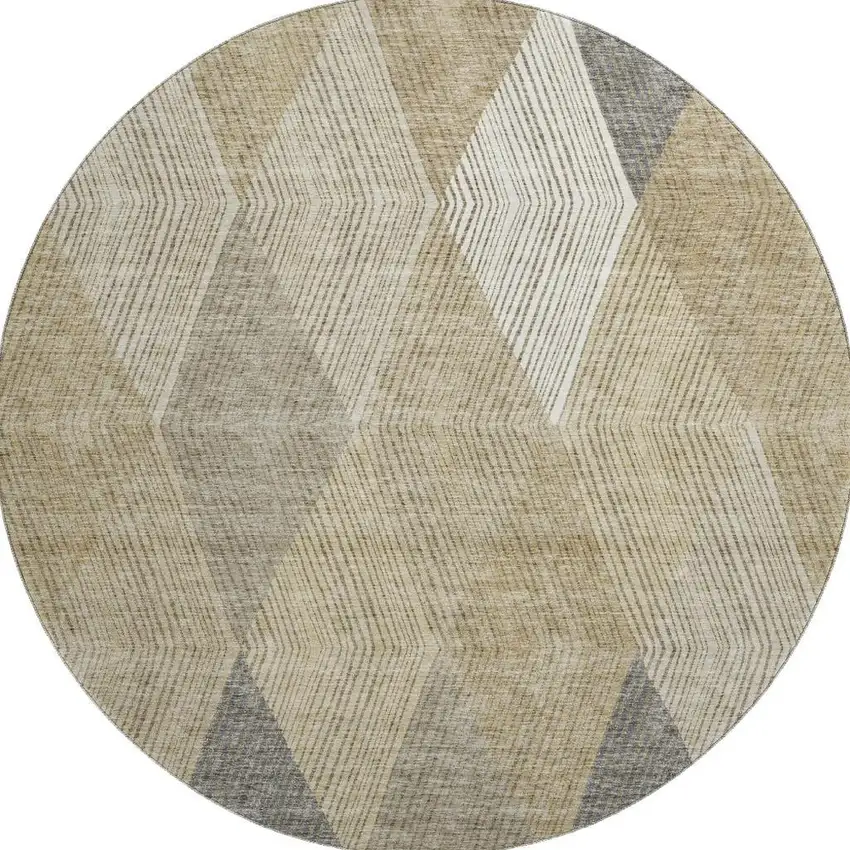 8' Wheat Beige And Gray Geometric Washable Round Rug With UV Protection Photo 3