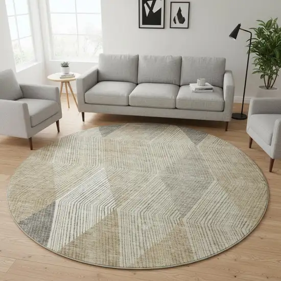 8' Wheat Beige And Gray Geometric Washable Round Rug With UV Protection Photo 2