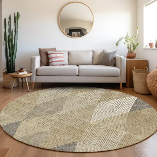 8' Wheat Beige And Gray Geometric Washable Round Rug With UV Protection Photo 4