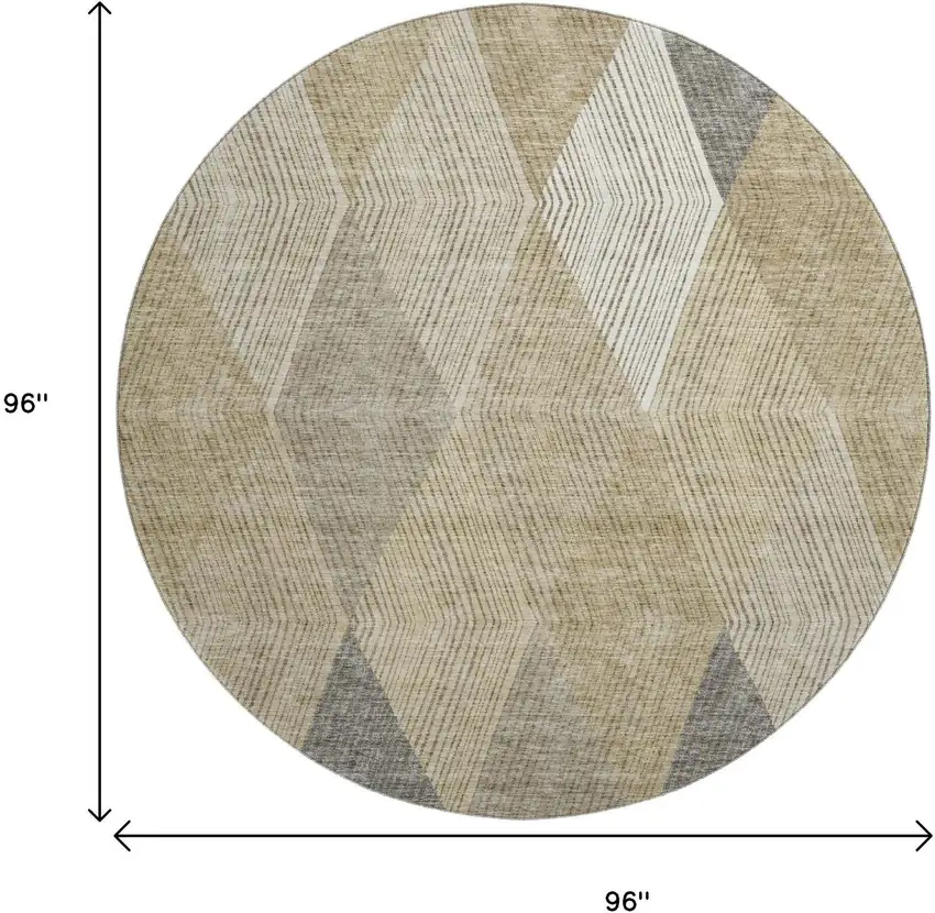 8' Wheat Beige And Gray Geometric Washable Round Rug With UV Protection Photo 9