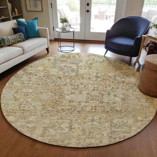 8' Wheat Beige And Gray Round Floral Washable Indoor Outdoor Area Rug Photo 7