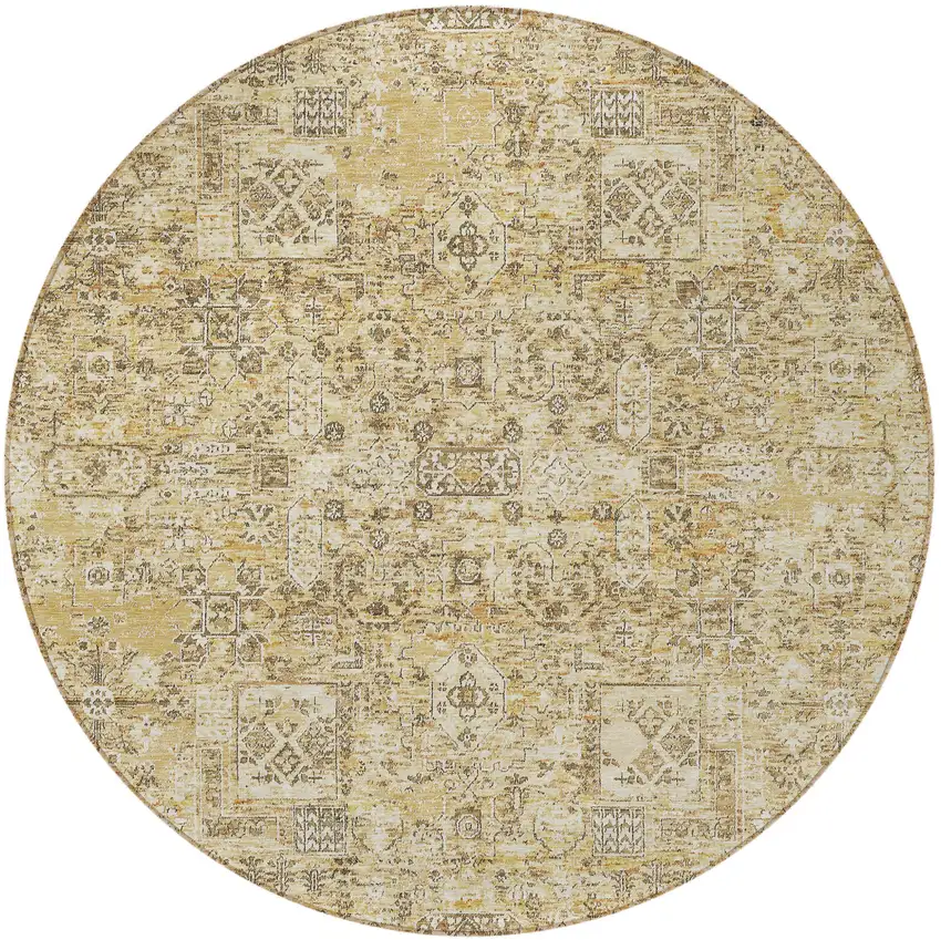 8' Wheat Beige And Gray Round Floral Washable Indoor Outdoor Area Rug Photo 5