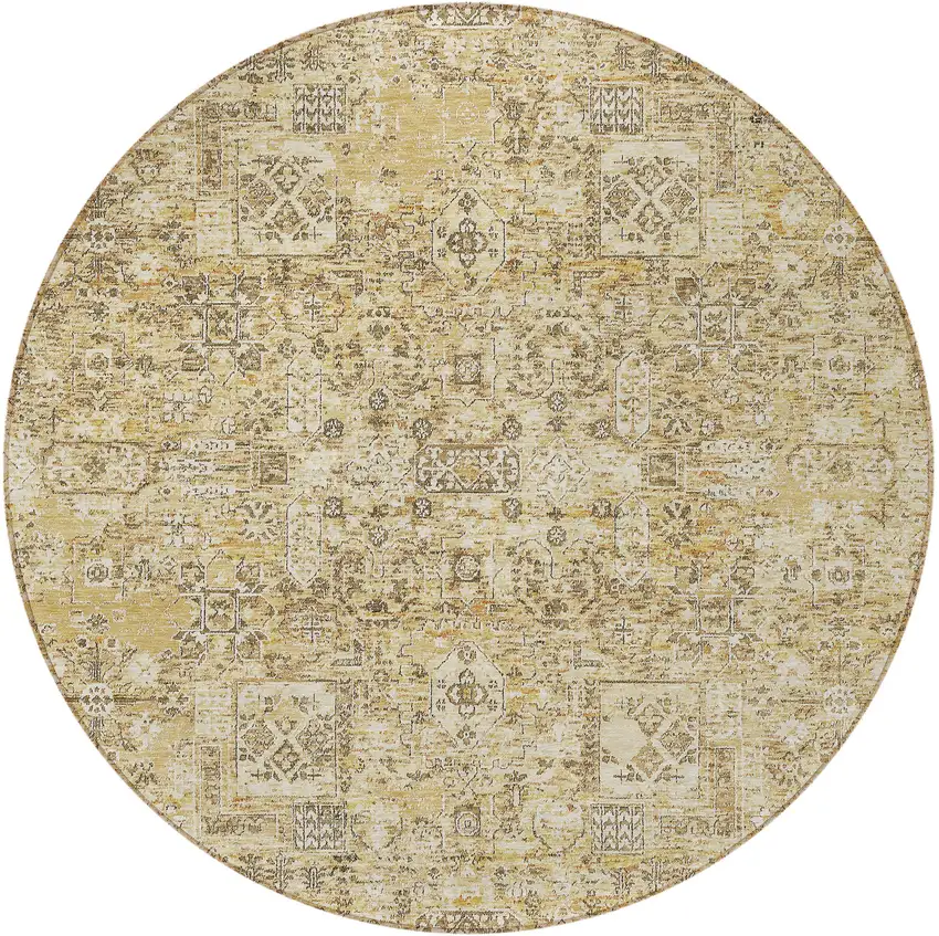 8' Wheat Beige And Gray Round Floral Washable Indoor Outdoor Area Rug Photo 5
