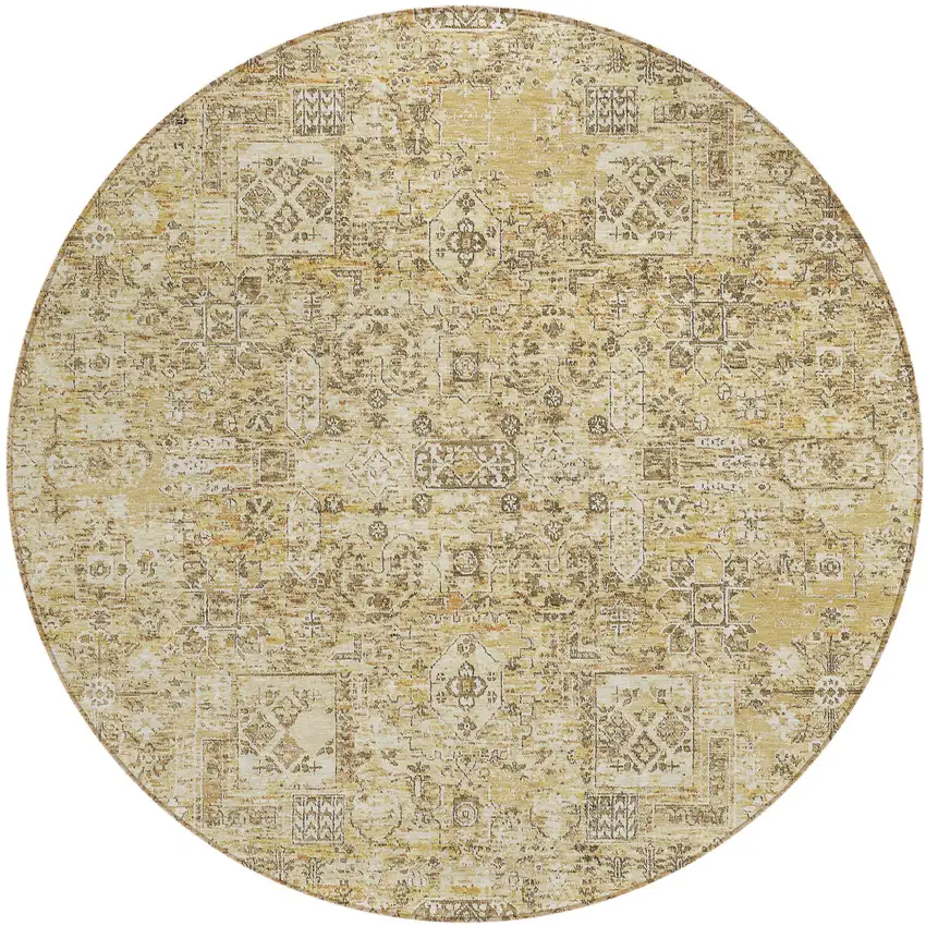 8' Wheat Beige And Gray Round Floral Washable Indoor Outdoor Area Rug Photo 2