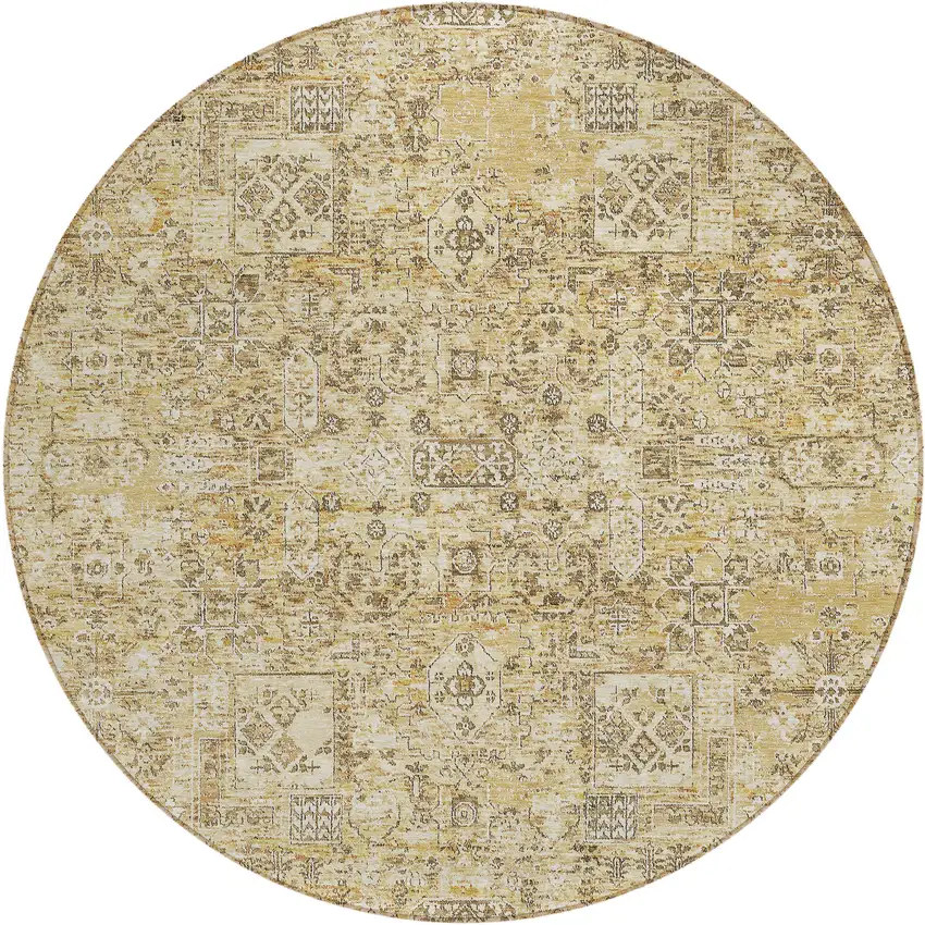 8' Wheat Beige And Gray Round Floral Washable Indoor Outdoor Area Rug Photo 2