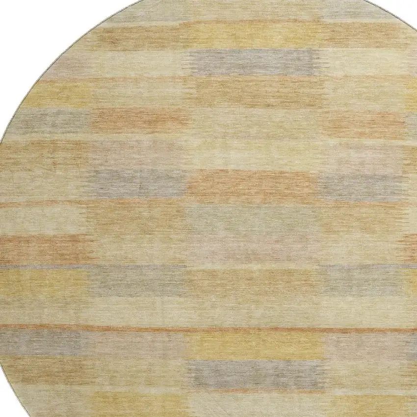 8' Wheat Beige And Gray Striped Washable Round Rug With UV Protection Photo 2
