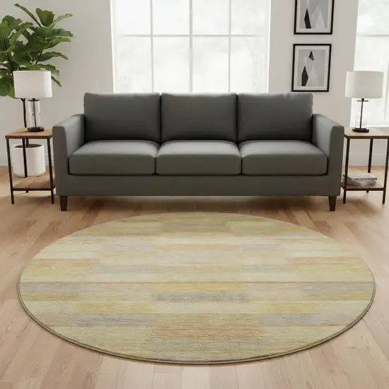 8' Wheat Beige And Gray Striped Washable Round Rug With UV Protection Photo 2