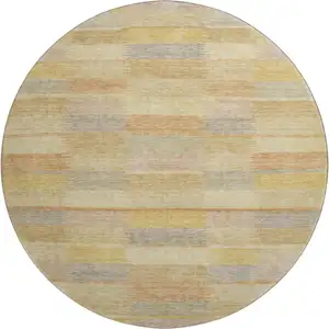 Photo of 8' Wheat Beige And Gray Striped Washable Round Rug With UV Protection
