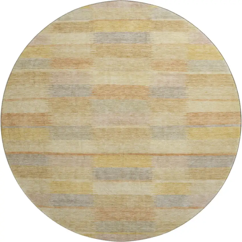 8' Wheat Beige And Gray Striped Washable Round Rug With UV Protection Photo 1