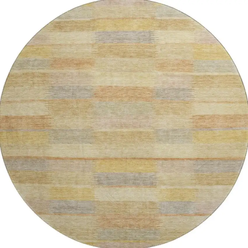 8' Wheat Beige And Gray Striped Washable Round Rug With UV Protection Photo 3