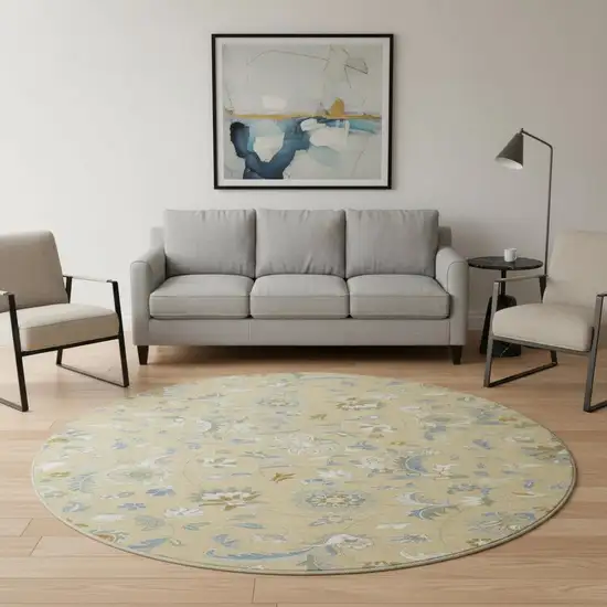 8' Wheat Blue And Beige Floral Washable Round Rug With UV Protection Photo 2