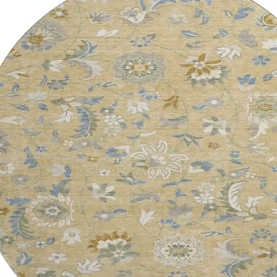 8' Wheat Blue And Beige Floral Washable Round Rug With UV Protection Photo 2