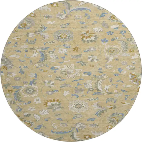 8' Wheat Blue And Beige Floral Washable Round Rug With UV Protection Photo 1