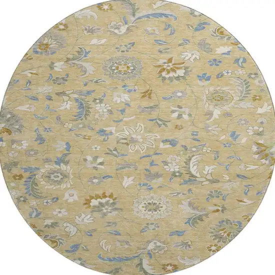 8' Wheat Blue And Beige Floral Washable Round Rug With UV Protection Photo 3