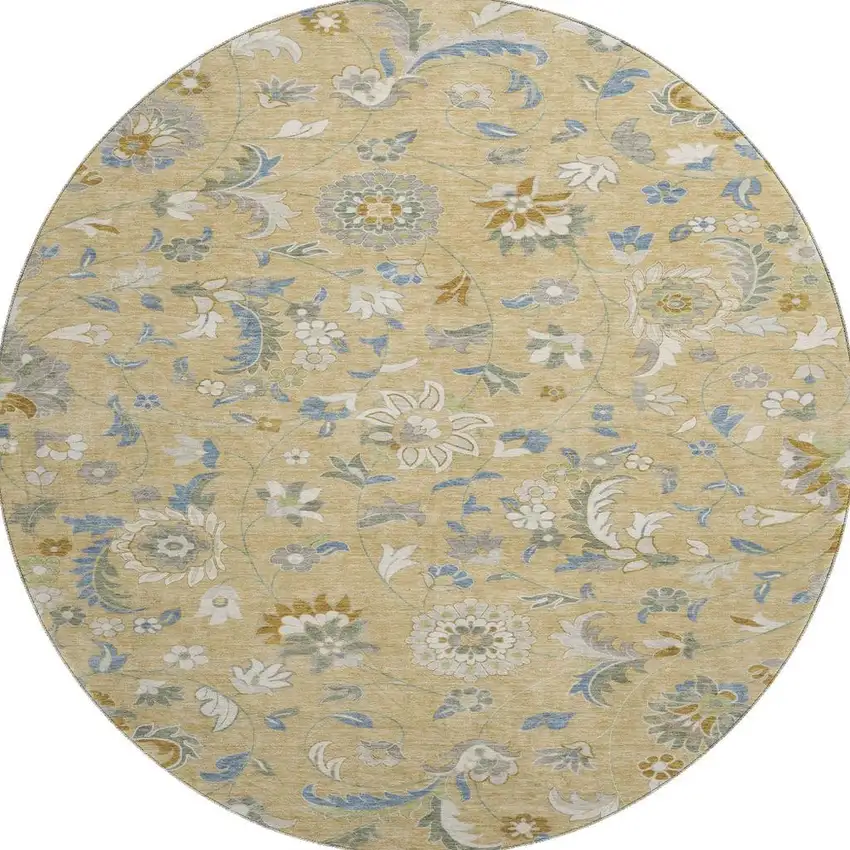 8' Wheat Blue And Beige Floral Washable Round Rug With UV Protection Photo 3