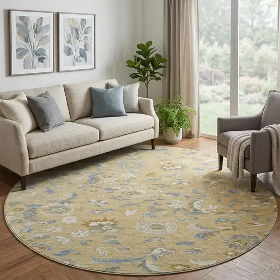 8' Wheat Blue And Beige Floral Washable Round Rug With UV Protection Photo 1