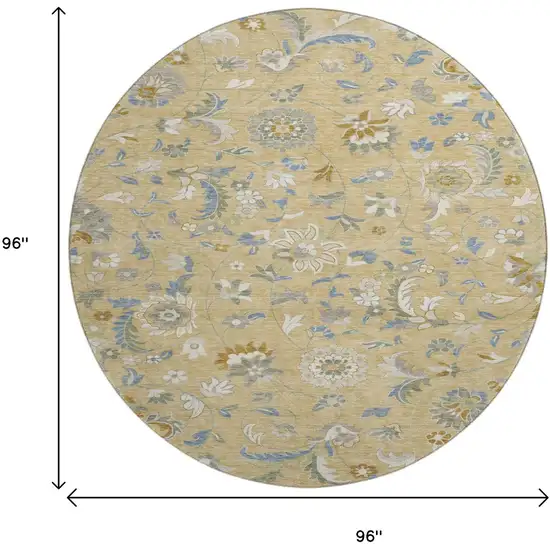 8' Wheat Blue And Beige Floral Washable Round Rug With UV Protection Photo 9