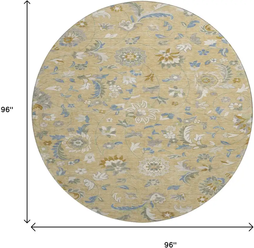 8' Wheat Blue And Beige Floral Washable Round Rug With UV Protection Photo 9