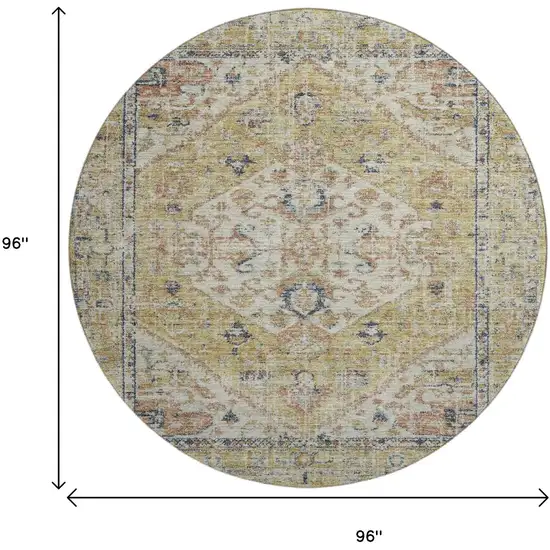 8' Wheat Blue And Beige Medallion Washable Round Rug With UV Protection Photo 9