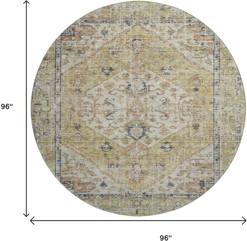 8' Wheat Blue And Beige Medallion Washable Round Rug With UV Protection Photo 9
