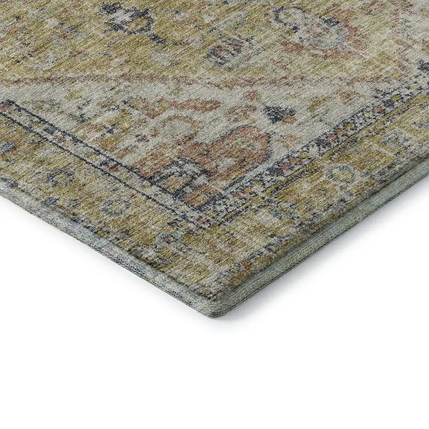 8' Wheat Blue And Beige Medallion Washable Round Rug With UV Protection Photo 6