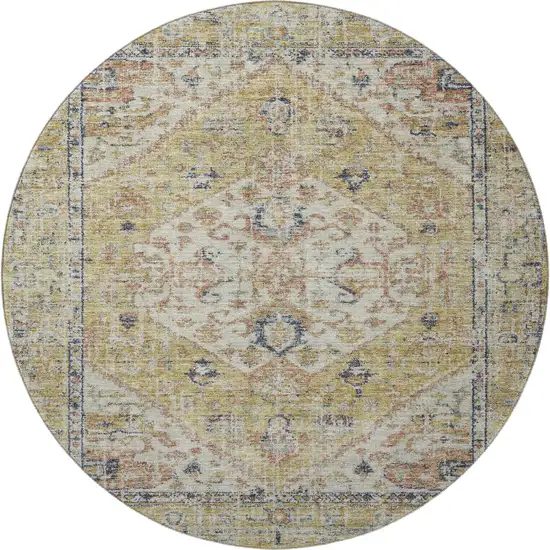 8' Wheat Blue And Beige Medallion Washable Round Rug With UV Protection Photo 3