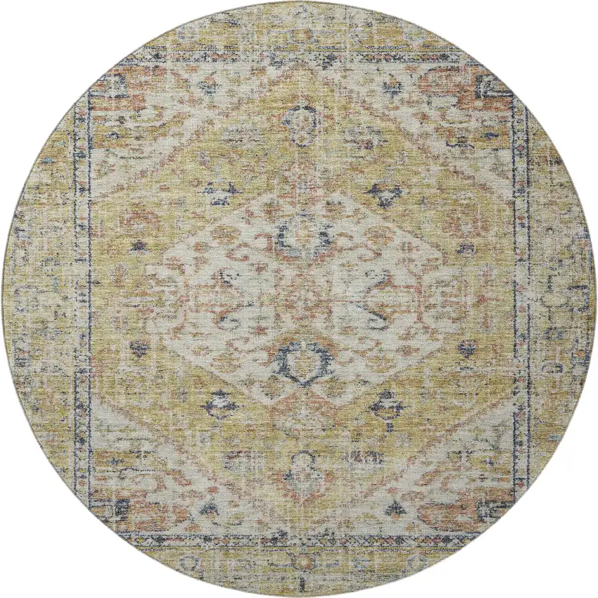 8' Wheat Blue And Beige Medallion Washable Round Rug With UV Protection Photo 3