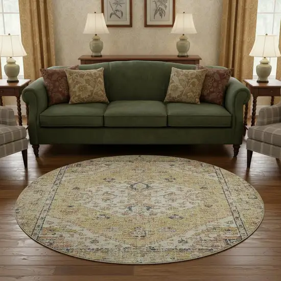8' Wheat Blue And Beige Medallion Washable Round Rug With UV Protection Photo 2
