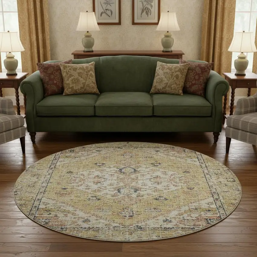 8' Wheat Blue And Beige Medallion Washable Round Rug With UV Protection Photo 2