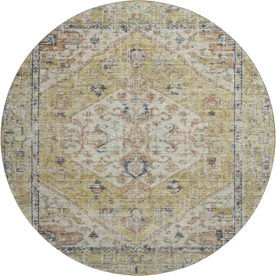8' Wheat Blue And Beige Medallion Washable Round Rug With UV Protection Photo 1