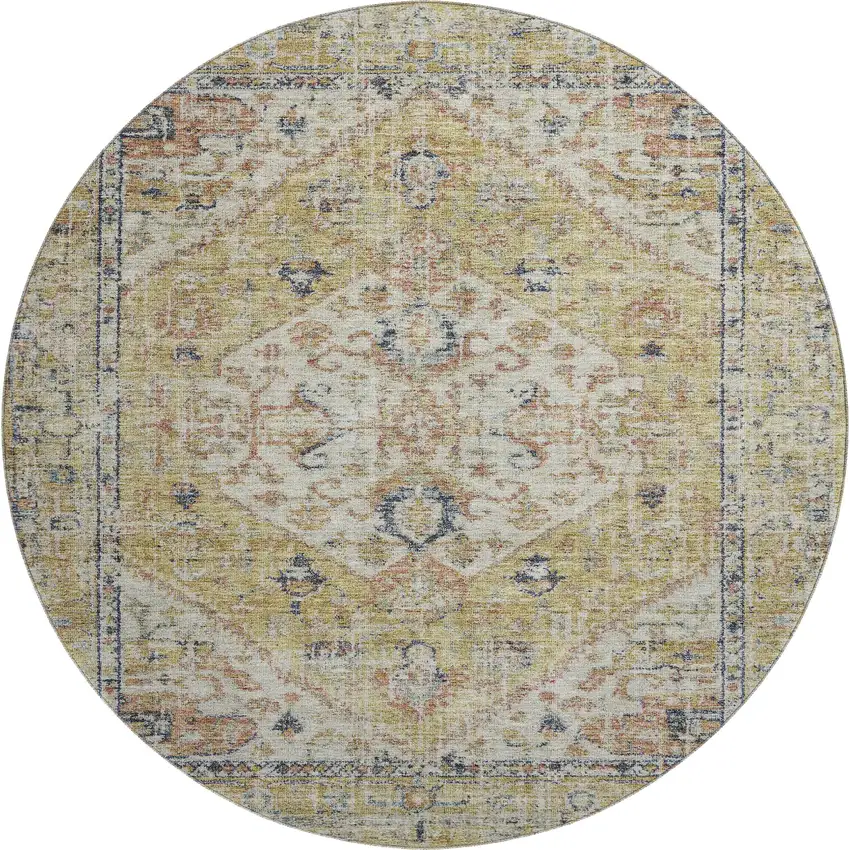 8' Wheat Blue And Beige Medallion Washable Round Rug With UV Protection Photo 1