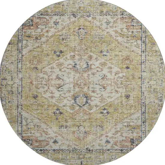 8' Wheat Blue And Beige Medallion Washable Round Rug With UV Protection Photo 2