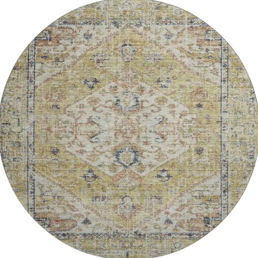 8' Wheat Blue And Beige Medallion Washable Round Rug With UV Protection Photo 2