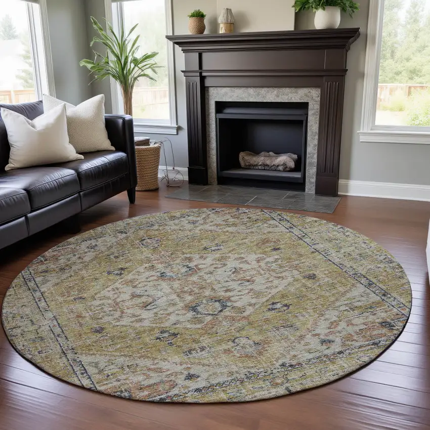 8' Wheat Blue And Beige Medallion Washable Round Rug With UV Protection Photo 4