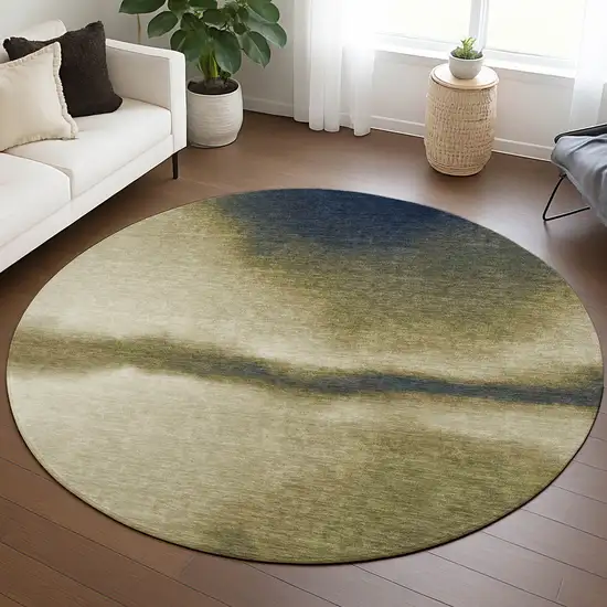 8' Wheat Blue And Beige Round Abstract Washable Indoor Outdoor Area Rug Photo 5