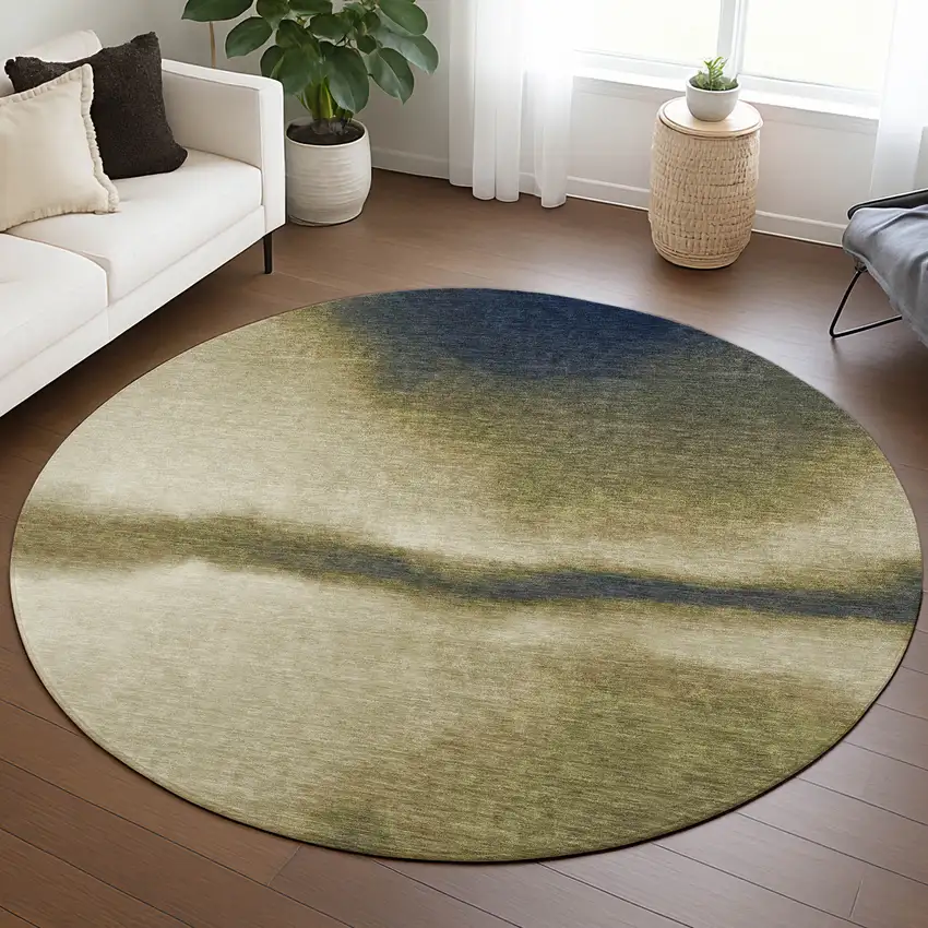 8' Wheat Blue And Beige Round Abstract Washable Indoor Outdoor Area Rug Photo 5