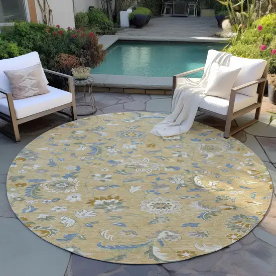8' Wheat Blue And Ivory Round Floral Washable Indoor Outdoor Area Rug Photo 7